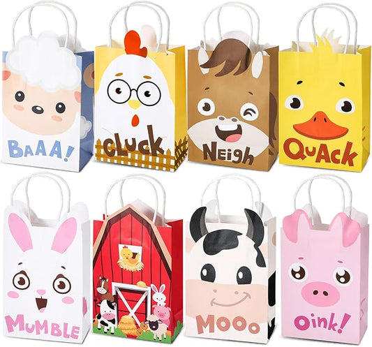 Tallew 24 Pack Farm Animal Party Favor Bags with Handles Farm Barnyard Treat Goodie Bags Kraft Paper Candy Gift Party Supplies for Kids Birthday Baby Shower Supplies Decorations