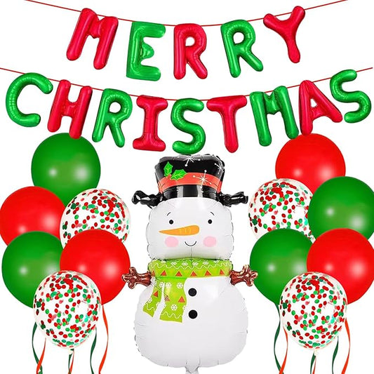 Pensar 27Pcs Merry Christmas Letter Balloons Kit with Red Green Confetti Balloons, Snowman Balloon for Christmas Party Decorations Supplies