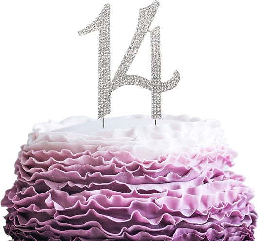 LINGPAR 14 Years Birthday Cake Topper - New Best Crystal Rhinestone 14th Wedding Anniversary Or 14 Years Old Cake Topper Party Decoration Silver
