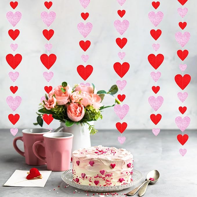 Galentines Valentines Party-Decorations Heart Garland - 6pcs Glitter Pink Red Love Hanging Streamers,Romantic Special Night Baby Shower Wedding Anniversary Ceiling Banner Backdrop Decor Burgleda