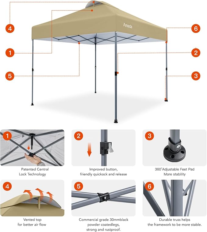 Amada 10x10 Pop Up Canopy - Center Lock One Push Instant Setup Wheeled Gazebo Outdoor Canopy Beach Tent with STO-N-Go Bag 8 Stakes & 4 Sand Bags, 3-Height Adjustable Shade Shelter (10x10ft, Khaki)