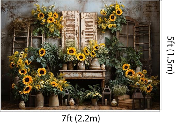 Kate 7x5ft Yellow Sunflowers Backdrops for Photography Rustic Brick House Background Bridal Baby Shower Sweet Birthday Party Decoration Studio Backdrop