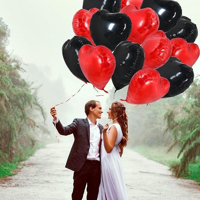 TONIFUL 30Pcs 18 Inch Red Black Heart Balloons Valentine’s Day Heart Shape Foil Mylar Balloons Decoration for Romantic Valentine's Day Wedding Bridal Shower Anniversary Engagement Party Supplies