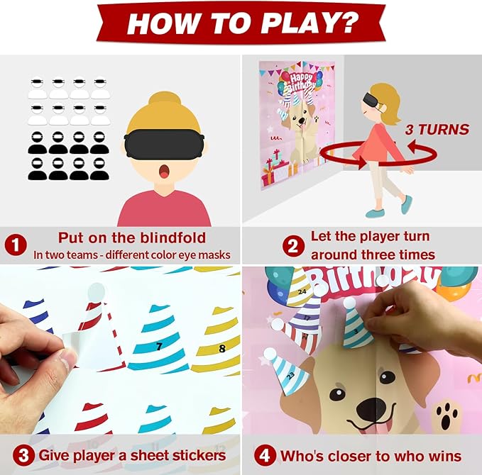 PARTYLOUD Dog Birthday Party Games, Pin The Hat on The Dog, Dog Themed Pet Party Games Toddlers Preschool Party Supplies Favors for Boys Girls Adults 24 Guests