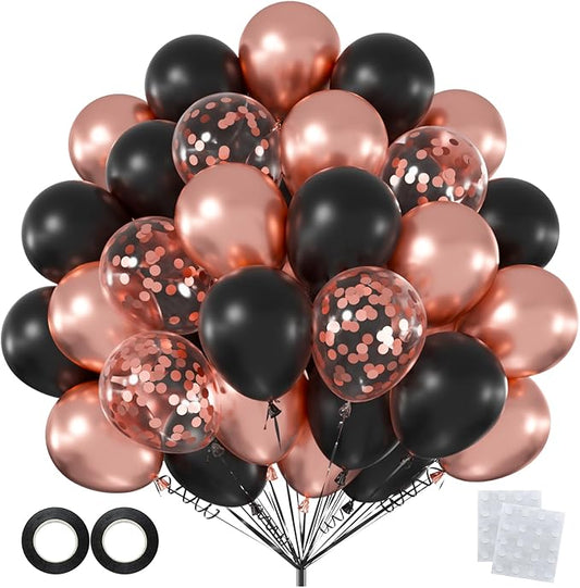 60pcs Black and Rose Gold Balloons, 12 Inch Chrome Metallic Rose Gold Confetti Balloon Garland Kit for Class of 2026 Graduation Decorations, Birthday, Engagement Party Supplies