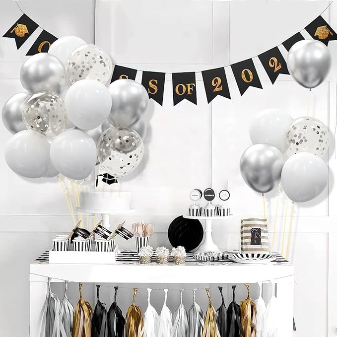 62pcs Party Decorations Balloons Kit - 12 Inches Silver White Confetti Party Balloons for Graduation Birthday Wedding Party Baby Shower Decoration Supplies