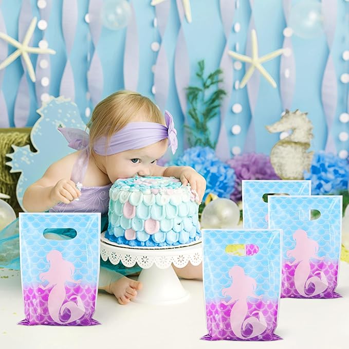 Hxezoc 50 Pieces Mermaid Goodie Bags Cute Candy Bag Plastic Treat Bags Mermaid Gift Wrap with Handles Party Favor Bags For Girls Birthday Party Decoration Supplies