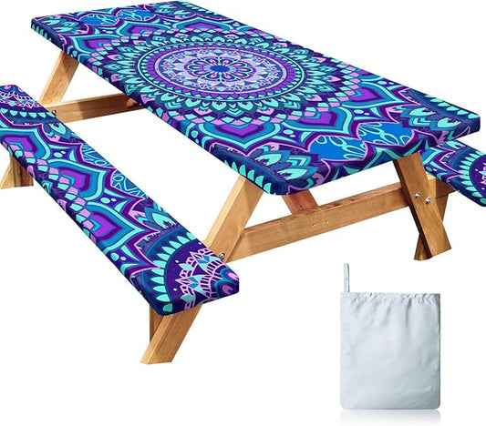 Picnic Table Cover with Bench Covers Windproof Waterproof Picnic Table Covers Camping Tablecloth with Self-Storage Bag, 72in, Blue Purple