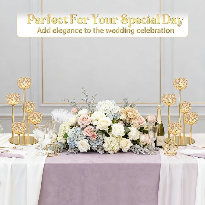 5-Arm Crystal Tealight Candelabra Centerpiece, 14.8 Inch Metal Candle Holder for Table Decor, Wedding, Christmas, Party, Anniversary & Home Decoration (1, Gold, S-14.8 in)