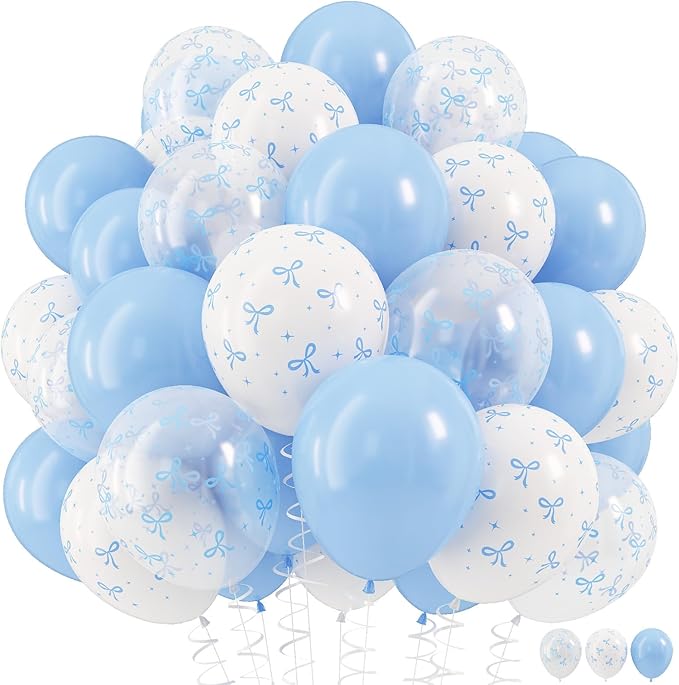 HILAVO Blue Bow Balloons, 12 Inch Pastel Light Blue Transparent White Bow Print Coquette Balloon for Girls Birthday Bachelorette Party Bridal Baby Shower Wedding Anniversary Decorations Supplies