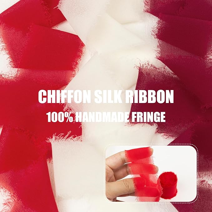 Red Chiffon Ribbon 1.5 Inch x 21Yds Handmade Fringe Chiffon Silk Ribbon Burgundy/Cream/Red Frayed Chiffon Ribbon for Wedding Invitation Flower Bouquets Bridal Shower Gift Wrapping