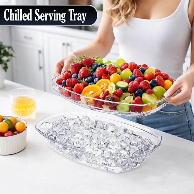 Chilled Serving Tray with Lid, 15” Large Fruit & Vegetable Platter Tray with Ice Compartment, Party Serving Platter with 6 Forks & 3 Tongs, Cold Food Serving Tray for Parties
