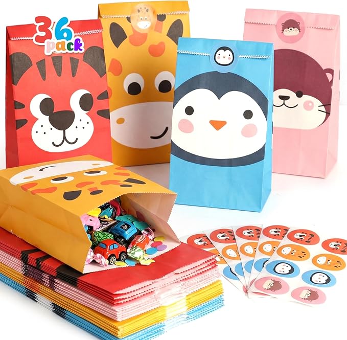 VGOODALL 36 Pack Animal Party Favor Bags with Stickers - 8.7"x4.7"x3.1" Jungle Safari Paper Goodie Bags, 4 Cute Animal Designs for Kids Birthday, Classroom Rewards, Baby Shower & Gift Packaging