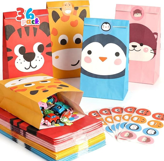 VGOODALL 36 Pack Animal Party Favor Bags with Stickers - 8.7"x4.7"x3.1" Jungle Safari Paper Goodie Bags, 4 Cute Animal Designs for Kids Birthday, Classroom Rewards, Baby Shower & Gift Packaging