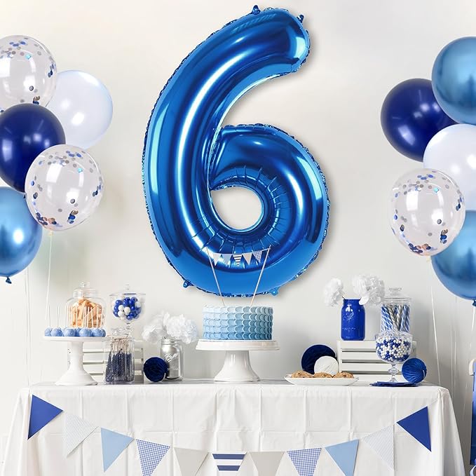 6th Birthday Balloon - Metallic Dark Blue & Navy Blue 40 Inch Self Inflating Number 6 Mylar Balloon with Silver Confetti for Boys & Girls Birthday Party Decorations