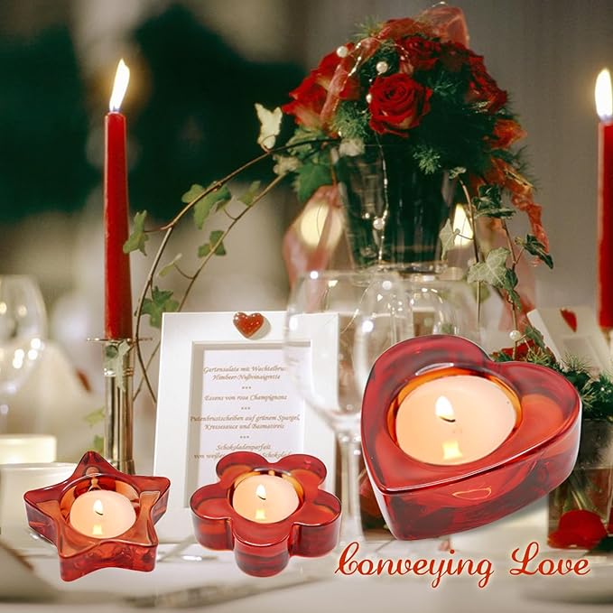 Red Votive Candle Holders Set of 12, (3 Sizes,Heart/Flower/Star) Glass Tealight Candle Holders Bulk for Wedding Table Centerpiece,Birthday Party,Valentines Day,Christmas Decorations,Home Decor(Red)