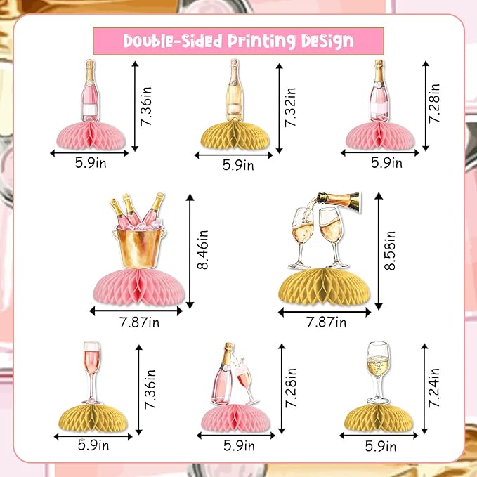 Jollyboom Champagne Table Honeycomb Centerpieces, 8pcs Pink and Gold Champagne Party Decorations Table Honeycomb Centerpieces Wine Bottle Table Topper for Women Wine Themed Party Supplies