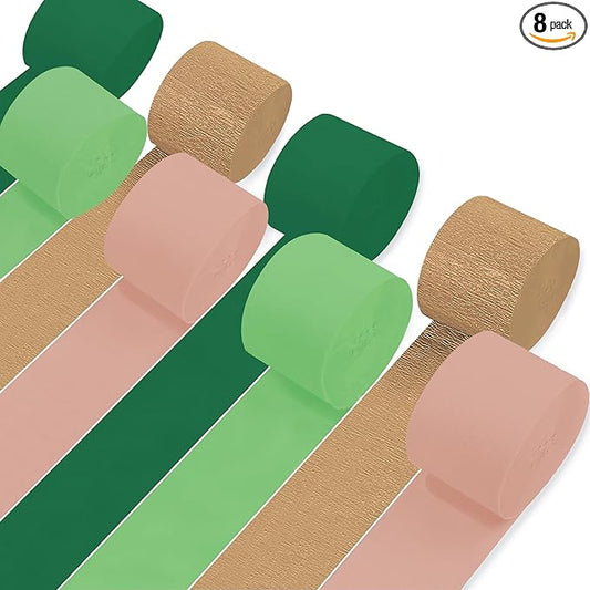 8 Rolls Crepe Paper Streamers, Rose Gold and Green Streamers Party Decorations for Birthday Baby Shower Wedding Bachelorette Party Bridal Shower Engagement Woodland Safari Spring
