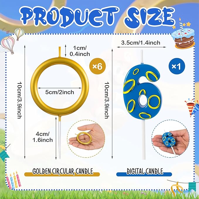 Conelist 7 Pcs Gold Ring Birthday Candles Number Candle Cake Topper Cartoon Characters Themed Candle for Wedding Anniversary Valentine's Day Birthday Party Decorations Supplies(Number 6)
