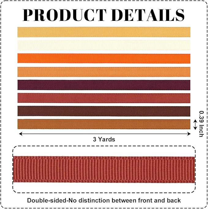 Fall 3/8 Inch Grosgrain Ribbon Set, 8 Pack x 3 Yards (24 Yards Total), Craft Ribbon for Thanksgiving Wreaths Autumn Decor Gift Wrapping and Harvest Party