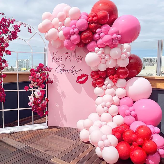 PartyWoo Hot Pink Balloon Arch Kit Garland 142pcs Different Sizes of 18 12 10 5 Inch Magenta Fuchsia Light Baby Pastel Pale Pearl Metallic Pink Balloons for Baby Shower Birthday Party Decorations