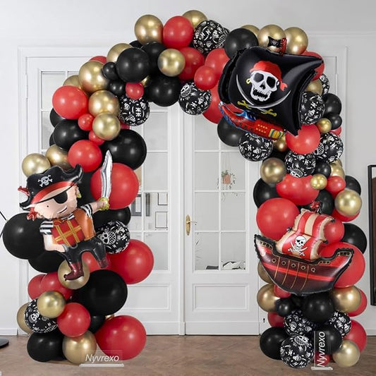 Pirate Birthday Party Decorations, 142Pcs Red Black Metallic Gold Balloon Garland Arch Kit Pirate Ship Foil Mylar Balloon for Halloween Pirate Summer Pool Sea Sailing Adventure Ocean Theme Party
