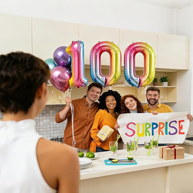 40 Inch Rainbow Number 100 Balloon, Large Foil Mylar Balloons for 100th Birthday 100 Year Old Party Celebration Decorations Supplies, Digital Balloons for Wedding Anniversary Events Decora