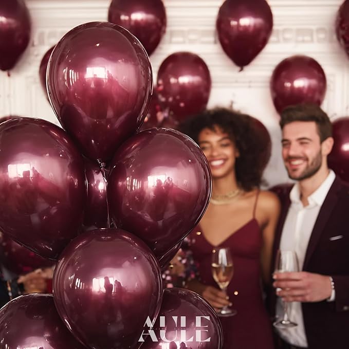 AULE Metallic Burgundy Balloons 12 inch 50 Pcs Maroon Latex Balloons Chrome Helium Shiny Thicken Balloon Perfect Party Decoration for Wedding Birthday Baby Shower Graduation Carnival