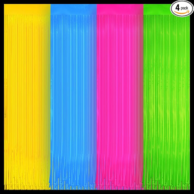 4 Pack Neon Party Decorations Glow in The Dark Party Supplies Multicolor Tinsel Foil Fringe Curtains for Birthday Party Supplies Streamers Decorations