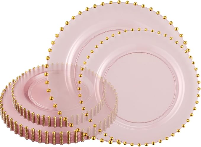 PLASTICPRO 32 Piece Combo Plastic Dinner Plates Disposable Plastic Fancy Heavy Duty Party Dishes 7 inch and 10 inch, Translucent Pink and Gold Beaded