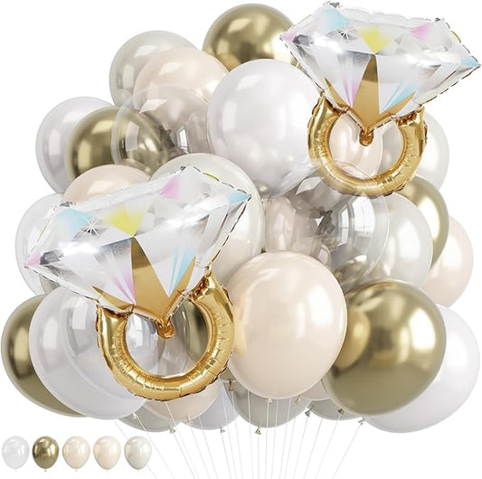 Gold and White Diamond Ring Balloons, Pearl White Beige Gold Double Latex Balloons with Big Ring Foil Balloon Set for Boho Engagement Bridal Shower Wedding She Said Yes Bachelorette Party Decorations