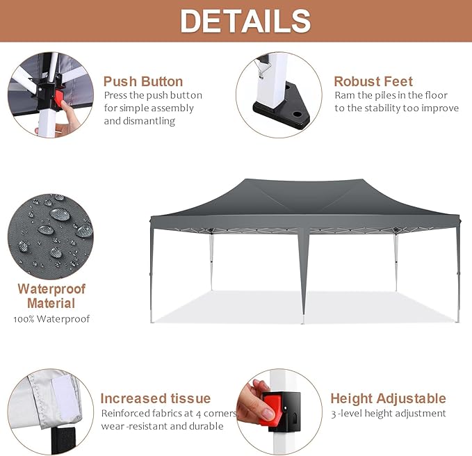 COBIZI 10x20 Pop Up Canopy with 6 Sidewalls,10x20 Canopy Tent Frame Upgraded with 3 Adjustable Heights,Waterproof UV50+ Outdoor Party Commercial Ez Up Gazebos with Carry Bag(10 x 20 ft Gray)
