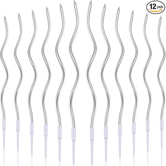 BBTO 12 Pcs Twisted Birthday Candles Spiral Metallic Cupcake Thin Long Cake Candles with Holders for Birthday Wedding Party(Silver)