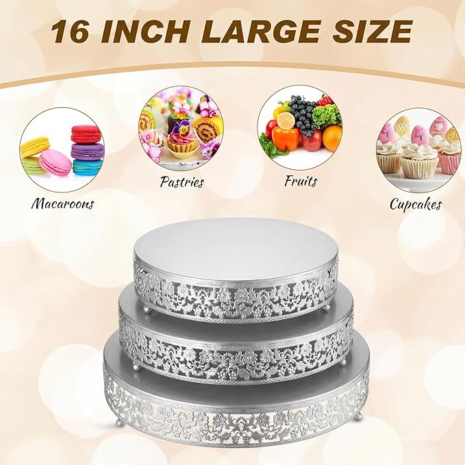 Wenqik 3 Pcs 16'' 14'' 12'' Metal Silver Cake Stand Round Cake Stands for Dessert Table Cookies Fruit Serving Tray Cupcake Dessert Pastry Riser for Wedding Birthday Party and Event(Traditional Style)