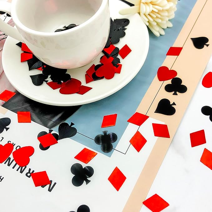 Werich Casino Party Confetti Metallic Foil Poker Card Suit Table Scatter – Red & Black Hearts, Spades, Clubs, Diamonds – Casino Theme Decorations for Poker Night, Las Vegas, Birthday, Wedding.