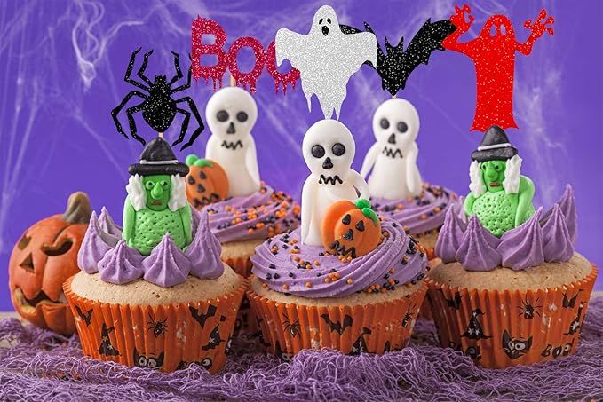 Glitter Happy Halloween Cupcake Toppers including Pumpkin Boo Ghost Hat Witch Spider Bat Food sticks Decorations for Halloween Themed Kids Birthday Party -40PCS