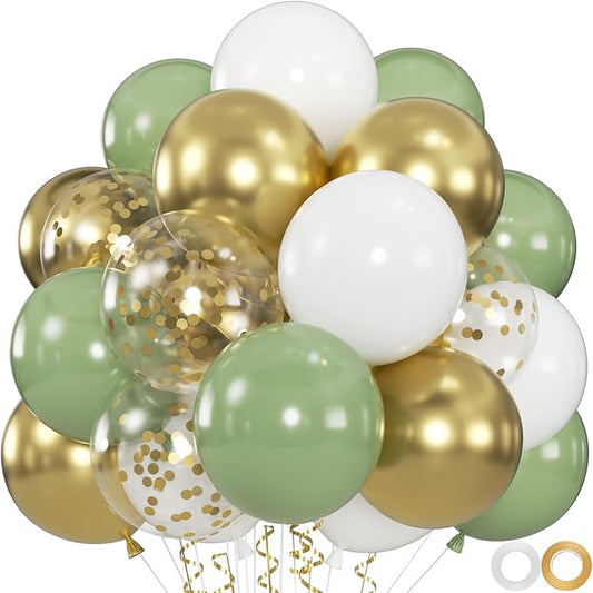 60pcs Sage Green & Metallic Gold Balloons - 12inch Olive Green White Metallic Gold Confetti Balloons for Boho Wedding, Baby Shower, Birthday Party Decoration
