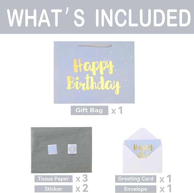Qirrmiy 16.5” Extra Large Gray Happy Birthday Gift Bag Set with Handles, Greeting Card, Tissue Papers and Stickers for Men Boys Women Girls Kids, Stars Design, 1 Pcs.