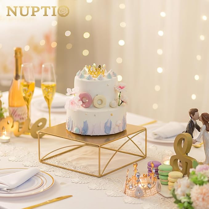 NUPTIO Cake Stand Dessert Display: Metal Cupcake Holder 10 Inch Pedestal Stands Gold Food Risers for Wedding Party Christmas Birthday Event Kitchen Table Baby Shower Square Buffet Vase Plant Stand