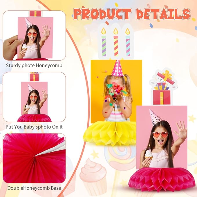 Spiareal Birthday Photo Centerpieces for Tables Honeycomb Rainbow Desk Decorations Colorful Happy Birthday Party Supplies Picture Display for Party Favor Baby Shower Table Decoration