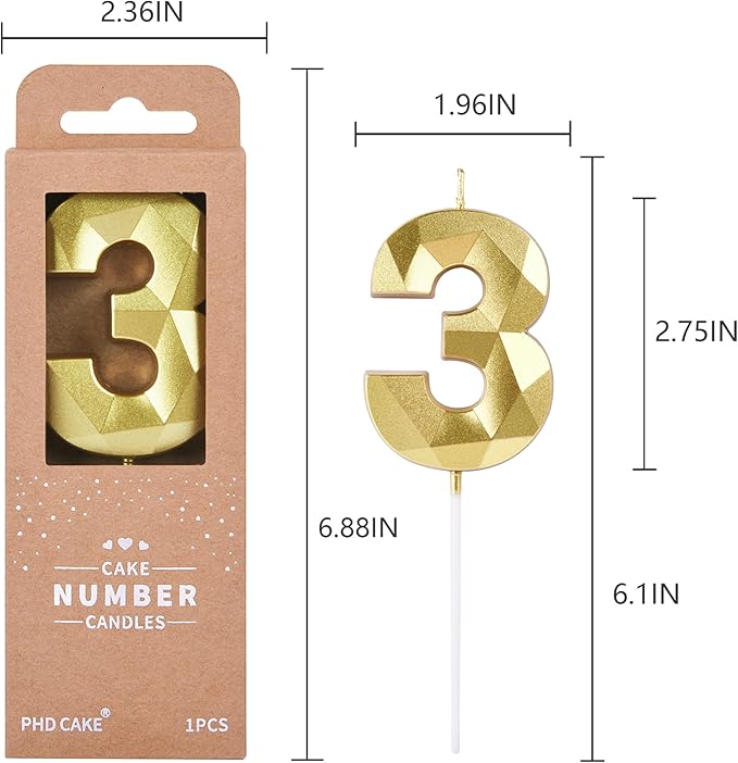 PHD CAKE 2.76 Inch Crystal Gold 3 Number Birthday Candles, Gold Number Candles, Cake Number Candles, Party Celebration