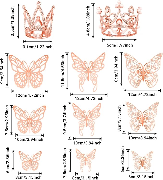 42PCS Crown Cake Topper Mini Tiara with 3D Butterfly Decoration Vintage Pearl Rhinestone Crown Cake Topper Cupcake Topper Cake Decoration for Birthday Wedding Anniversity Party Baby Shower (Rose Gold)