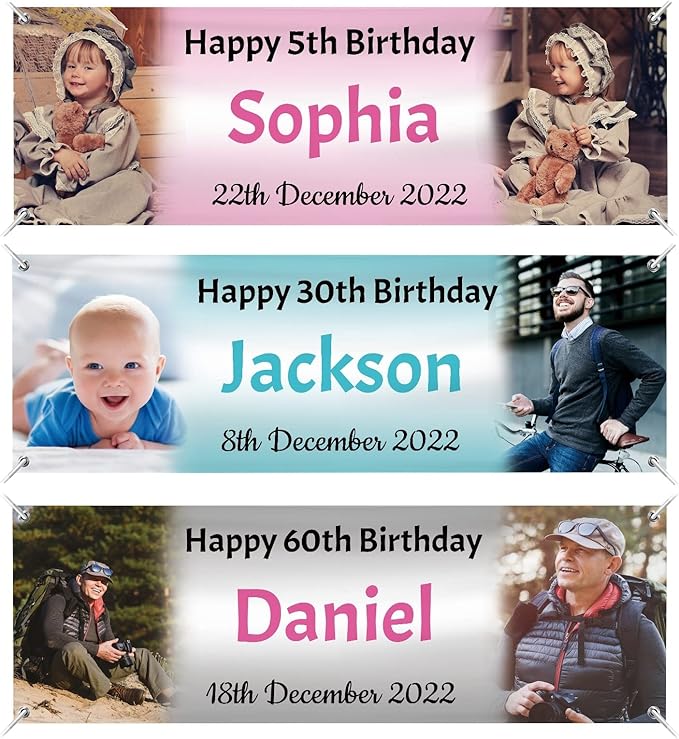 Happy Birthday Banner Personalized Name Photo Age Custom Birthday Banners and Signs Customize for Birthday Party Decoration 9'x3'