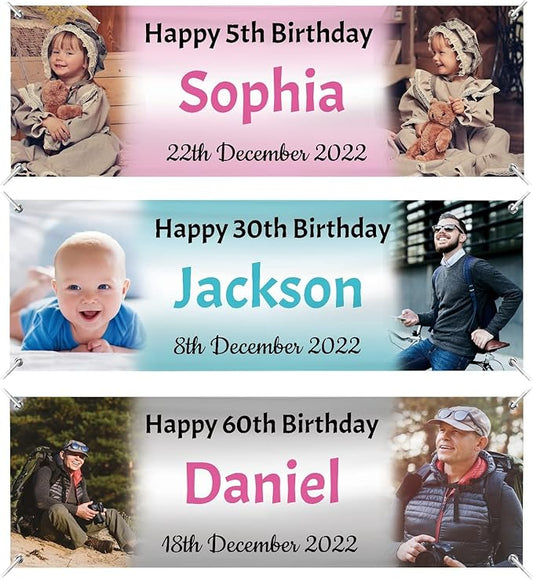 Happy Birthday Banner Personalized Name Photo Age Custom Birthday Banners and Signs Customize for Birthday Party Decoration 6'x2'