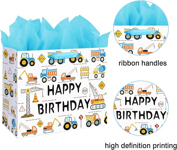 16.5" Large Happy Birthday Gift Bag for Baby Boy Kids with Tissue Paper and Card (Construction Vehicle)