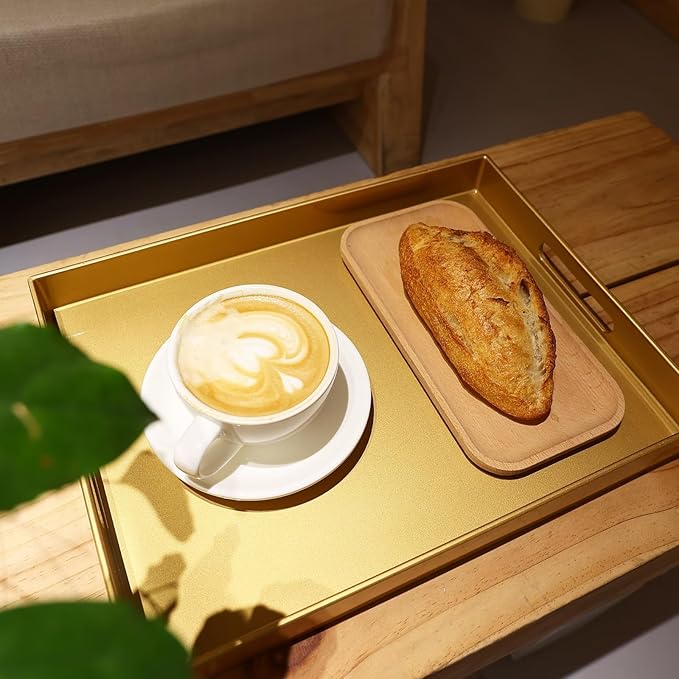 Spsyrine Gold Plastic Serving Tray for Ottoman, Coffee Table, Rectangle Decorative Tray for Entertaining, Outdoor, Living Room, Home Decor
