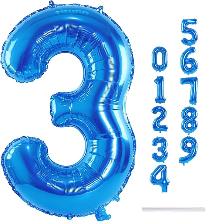 40 Inch Balloon Number 3 Blue, Large Foil Number Balloons Set 0-9, Digital 3 Helium Balloons for Boys Men 3rd 13th 30th Birthday Anniversary Graduation New Year's Eve Party Decoration Supplies