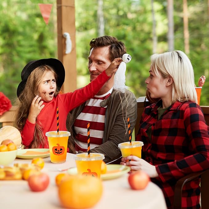 Whaline 50 Pcs Halloween Disposable Plastic Cups with Lids and Straws Orange Spooky Pumpkin Face Cold Beverage Drinking Cups for Trick or Treat Birthday Party Supplies