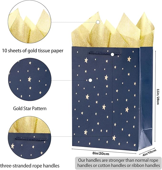 SHIPKEY Gift Bags, 10 Pack Navy Blue with Gold Foil Stars, Kraft Paper Bags with Handles, Bulk for Men, Groomsmen, Christmas Gifts, 8x4x11inch, Includes Tissue Paper