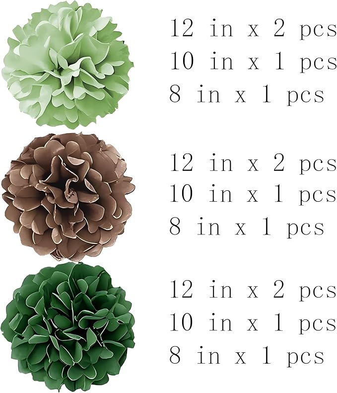 Tissue Paper Pompoms Paper Flower 12 Pcs Green Brown Paper Flower Ball for Birthday Party Baby Shower Bridal Shower Party Decoration